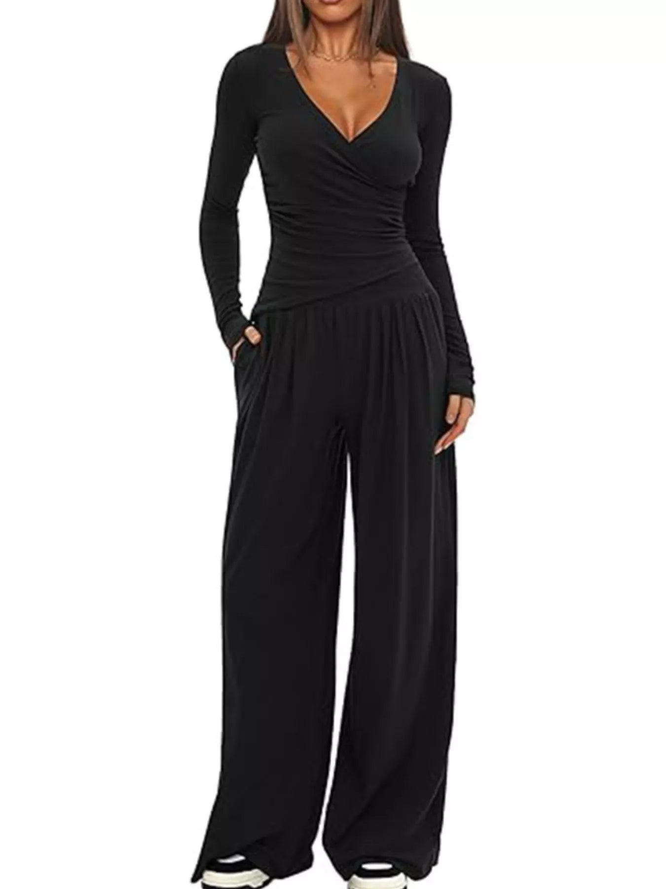 Sarah Express Women's Long Sleeve Top and Wide Leg Pants Set