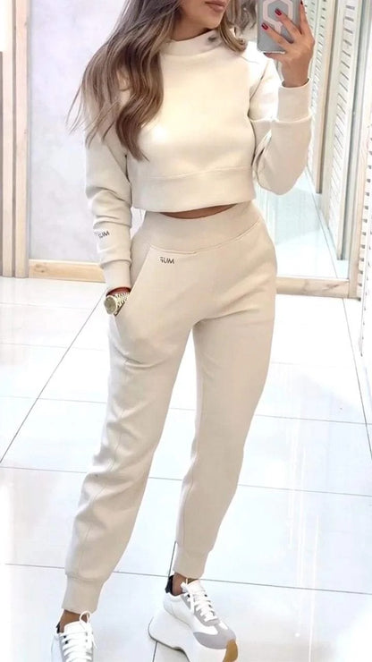 Sarah Express Women's Stand Collar Sports Suit Set - Pullover Top & Slim Trousers with Pockets Solid Color Tracksuit OFF White