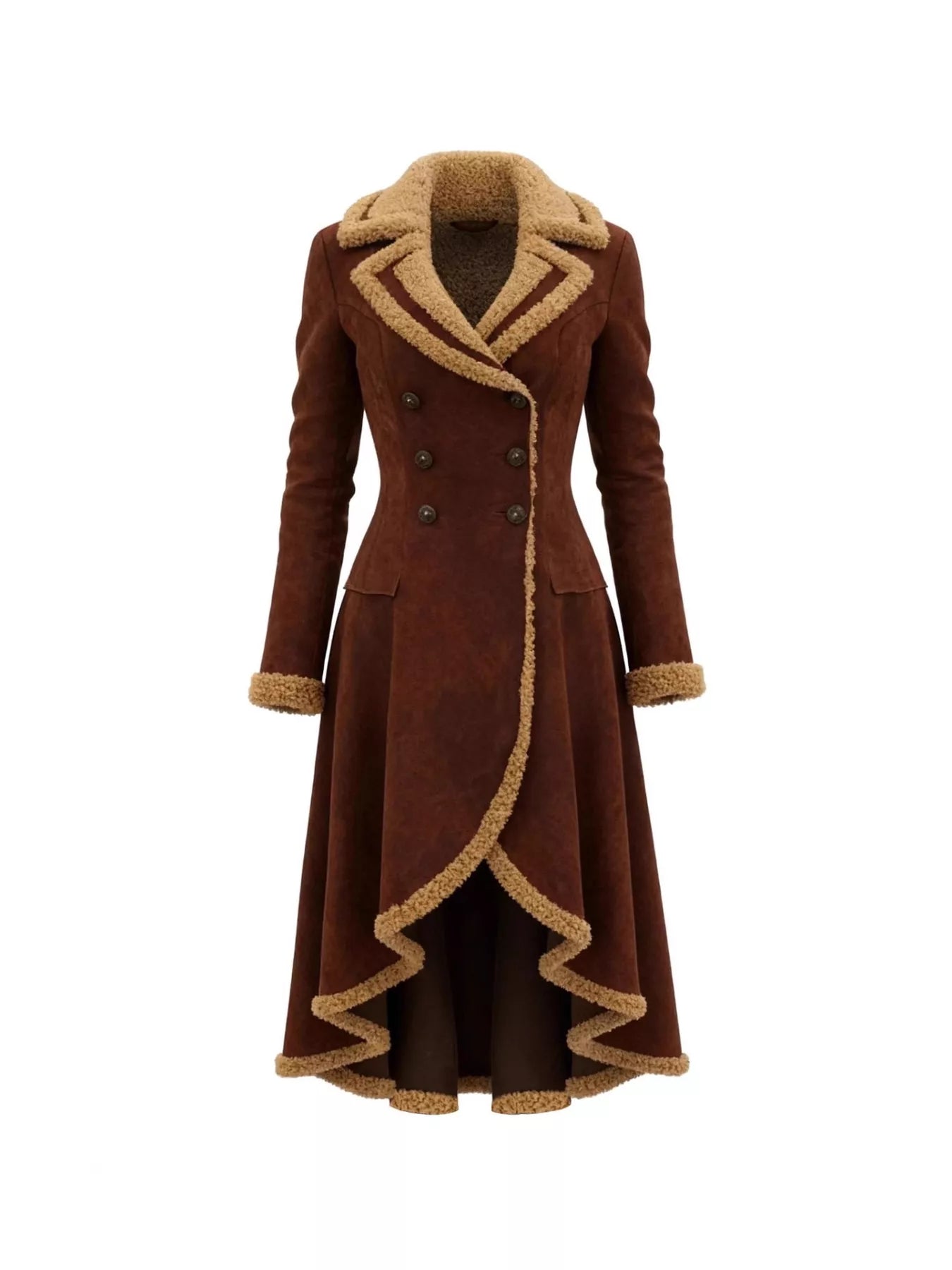 Sarah Express Women's Vintage Style Suede Sherpa Trimmed Overcoat Dark Brown