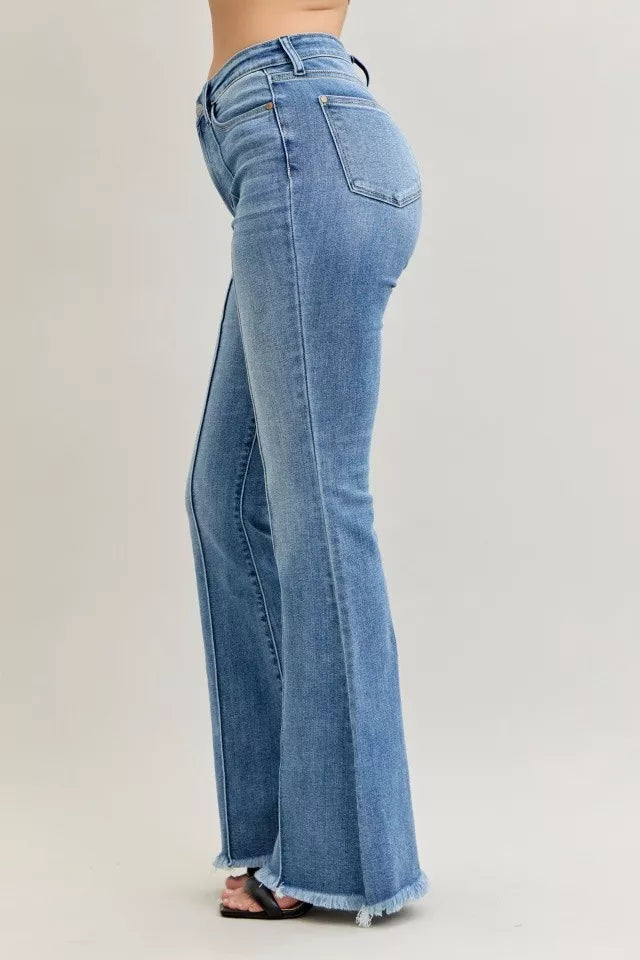 Sarah Express Women’s High Rise Flare Jeans with Fray Hem and Pintuck Detail