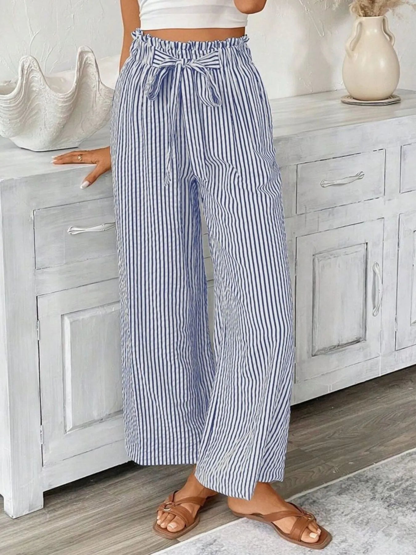 Sarah Express Women's Striped Wide Leg Paper Bag Pants Plus Size Blue