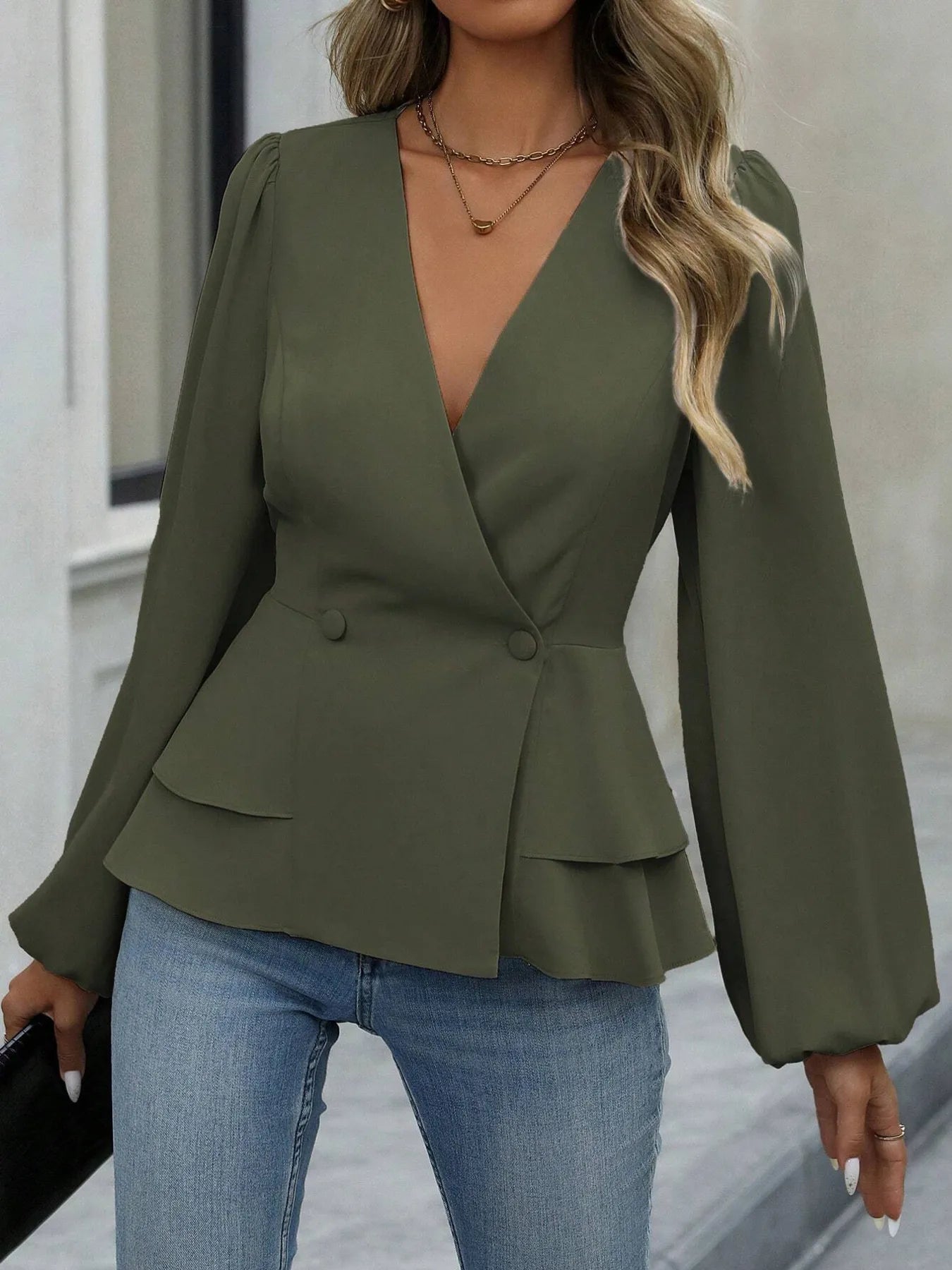 Sarah Express Women's Surplice Balloon Sleeve Blouse Army Green