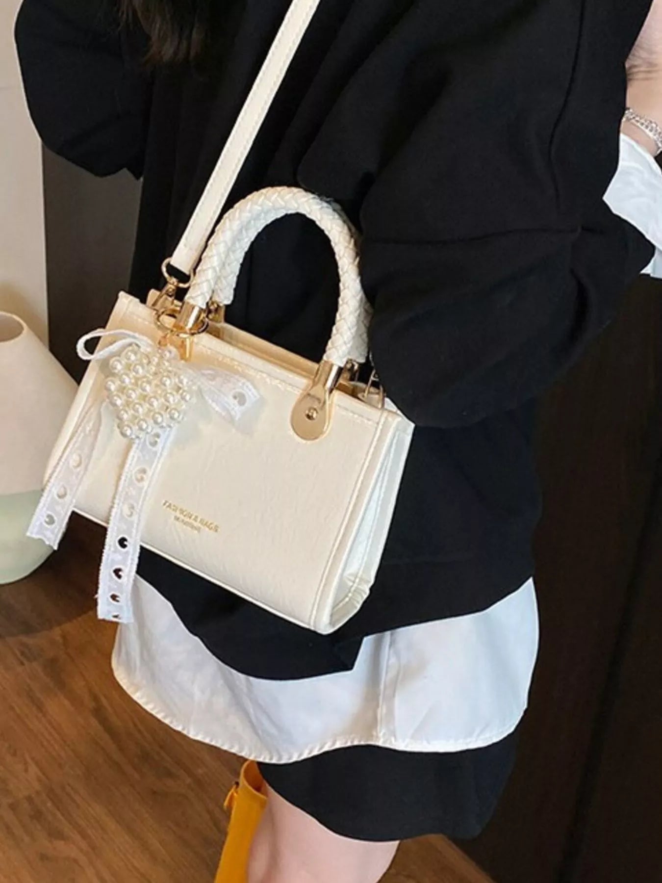 Sarah Express Women's Mini Crossbody Bag with Pearl Decor & Braided Handle