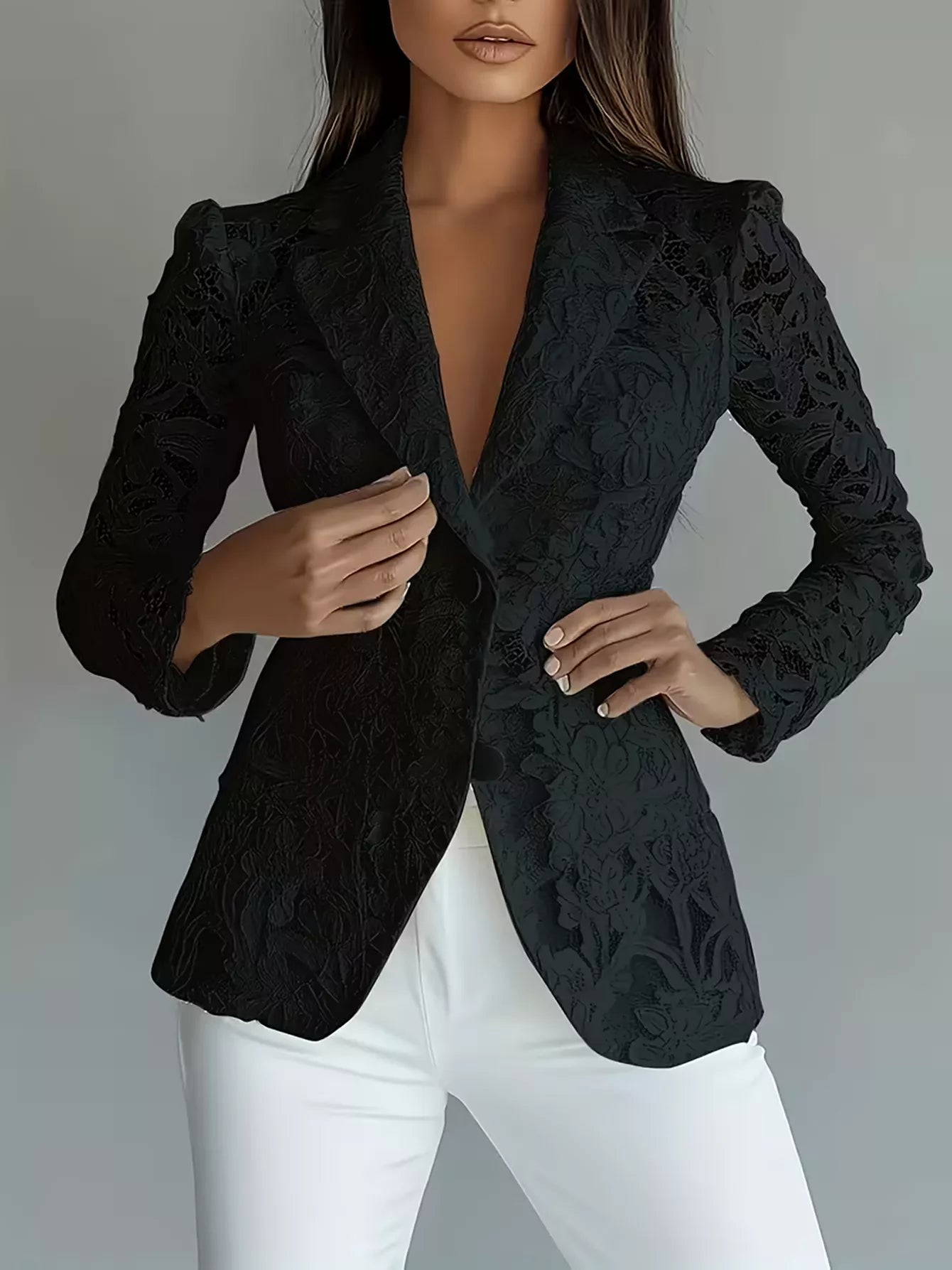 Sarah Express Women's Lace Button Up Fitted Blazer Black