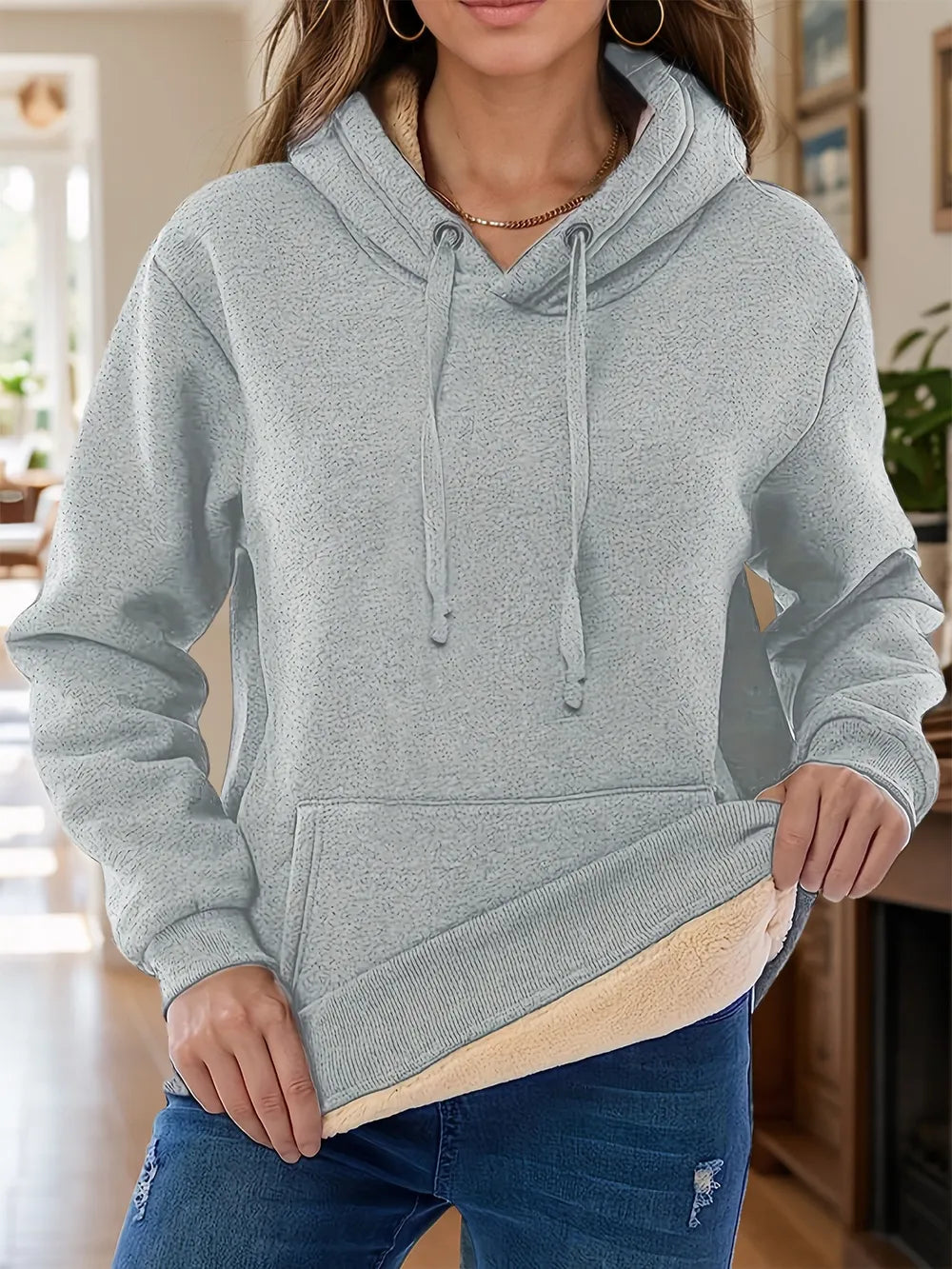 Sarah Express Women's Drawstring Long Sleeve Hoodie with Kangaroo Pocket Light Gray