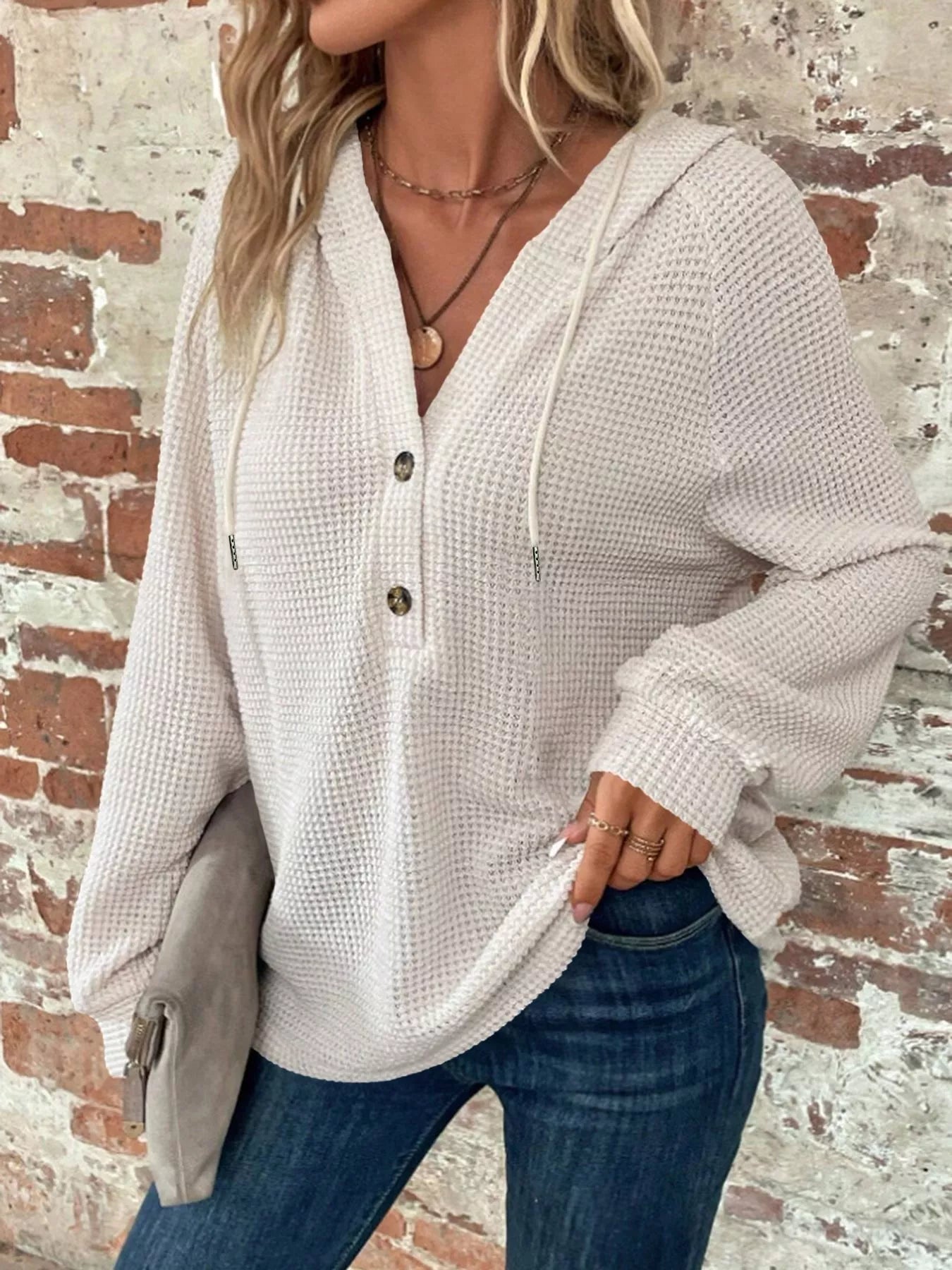 Sarah Express Women's Waffle Knit Button Detail Hoodie