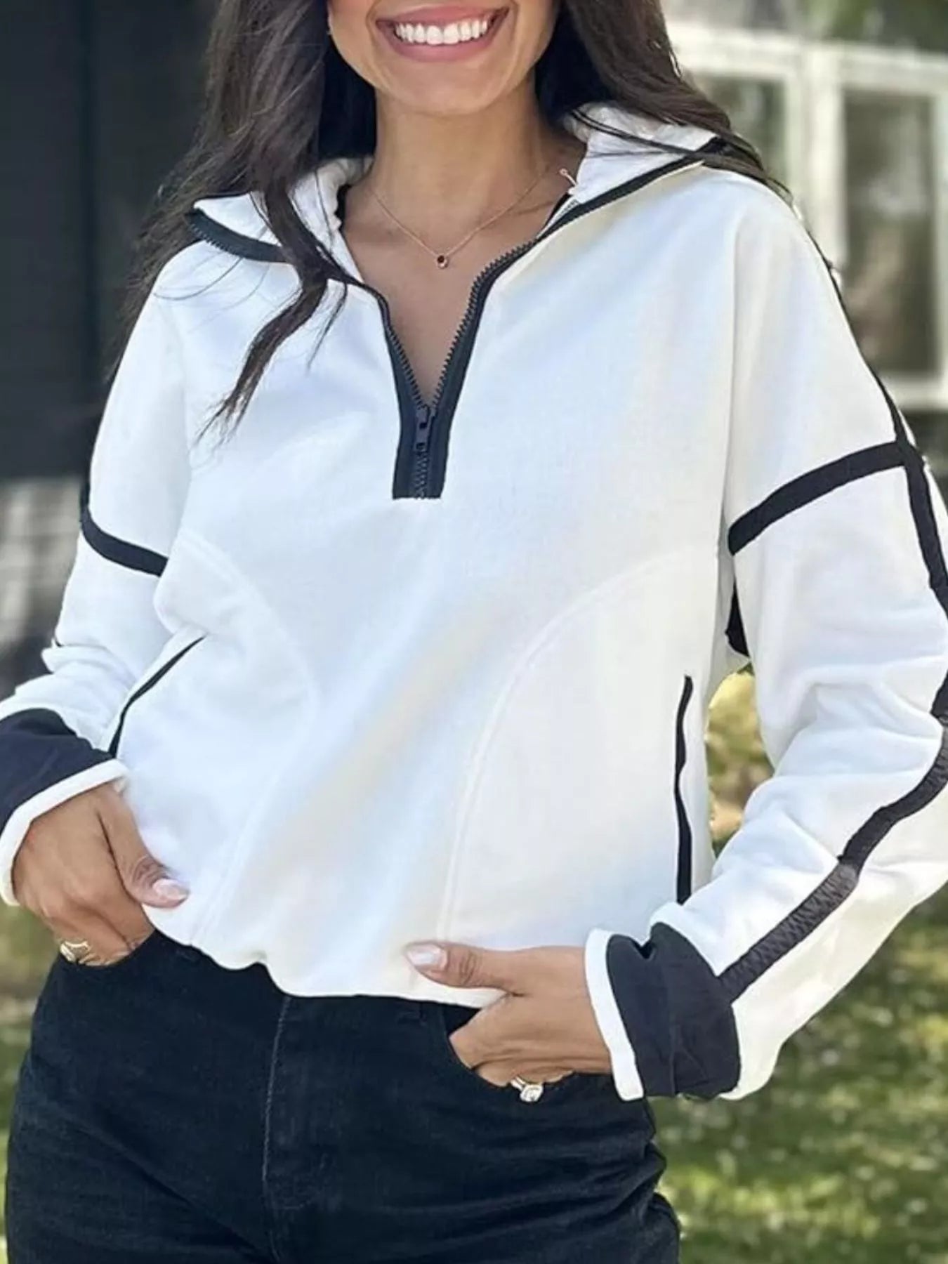 Sarah Express Women's Half Zip Dropped Shoulder Sweatshirt - Contrast Stitching with Pockets White