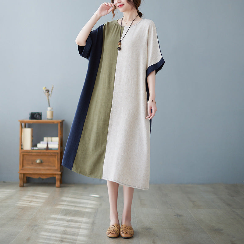 Sarah Express Women's Cotton Linen Contrast Paneled Dress Loose Fit Half Sleeve Midi Literary Style