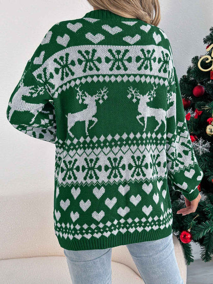 Sarah Express Women's Christmas Deer Pocket Cardigan Sweater Coat