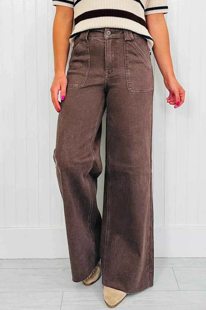 Sarah Express Women's Vintage Wash Wide Leg Jeans - High Waisted Denim Pants