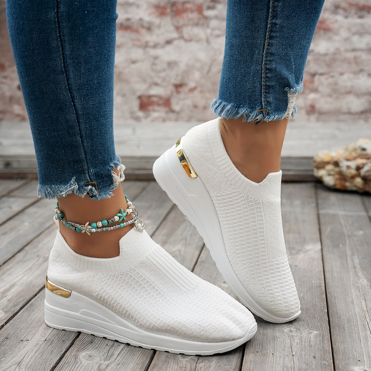 Sarah Express Women's Flyknit Mesh Breathable Wedge Sneakers | Slip-On Platform Casual Shoes White