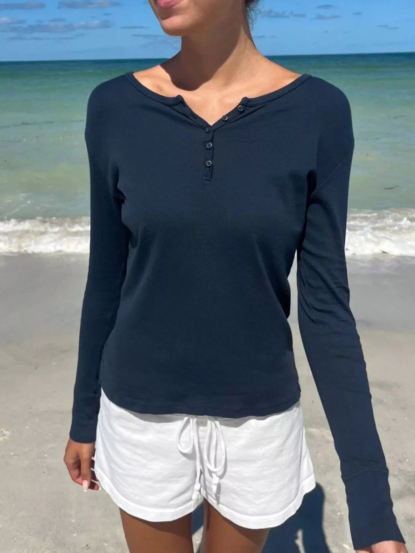 Sarah Express Women's Striped Long Sleeve Henley T-Shirt Dark Blue