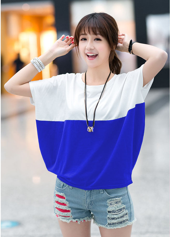 Sarah Express Women's Color Block Batwing Sleeve Top Short Sleeve Casual Loose Fit Shirt