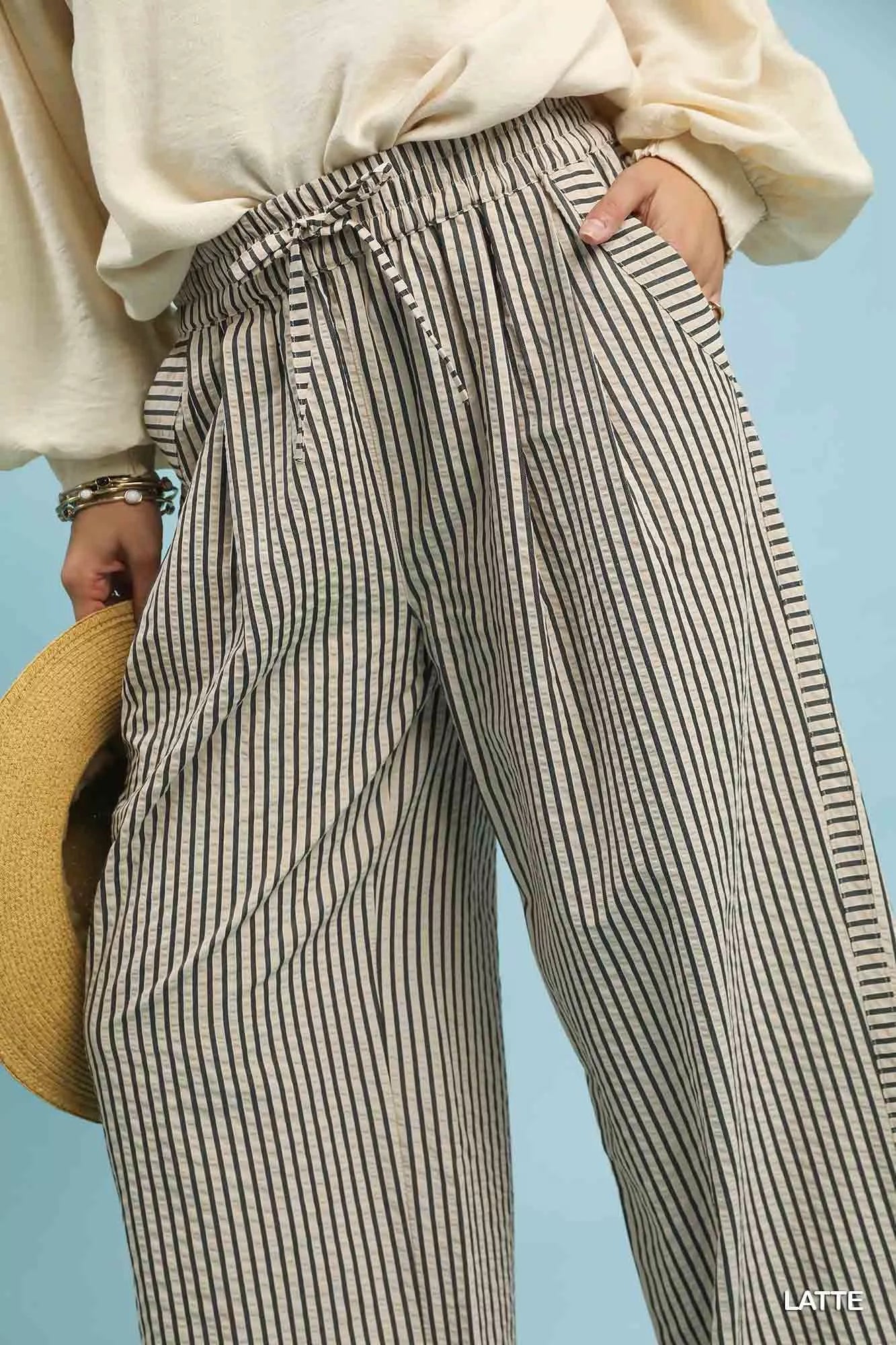 Sarah Express Women's Drawstring Striped Wide-Leg Pants