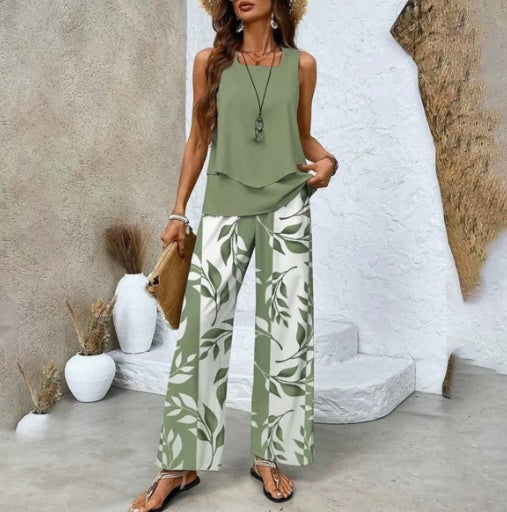 Sarah Express Women's Print Two-Piece Set Sleeveless Double Layer Vest Top Loose Straight Pants Floral Suit