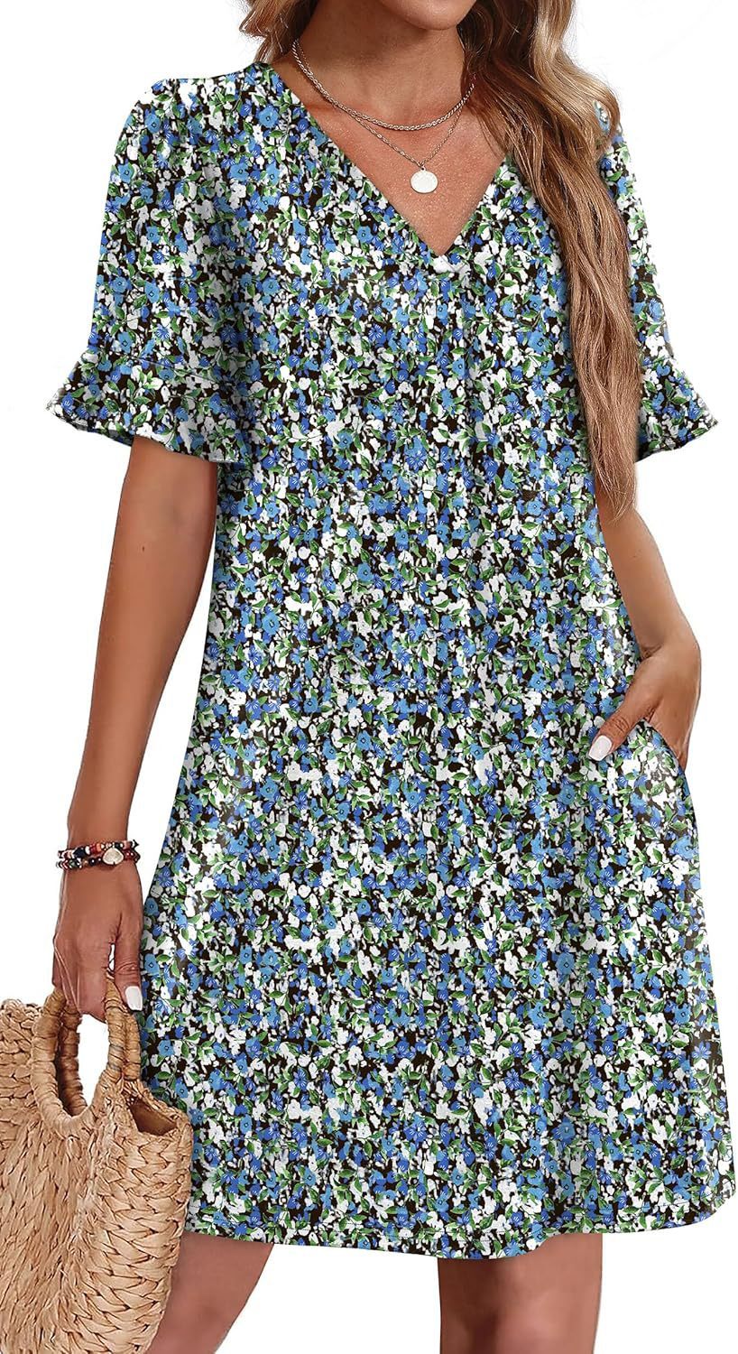 Sarah Express Women's V-Neck Ruffled A-Line Dress with Pockets Vacation Casual Short Sleeve
