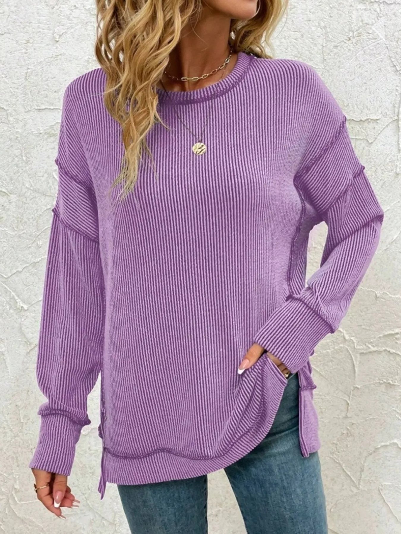 Sarah Express Women's Side Slit Round Neck Dropped Shoulder Sweatshirt Purple