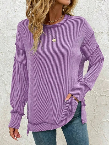 Sarah Express Women's Side Slit Round Neck Dropped Shoulder Sweatshirt Purple