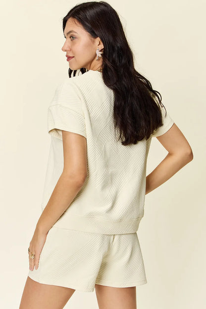 Sarah Express Women's Textured Short Sleeve T-Shirt and Drawstring Shorts Set