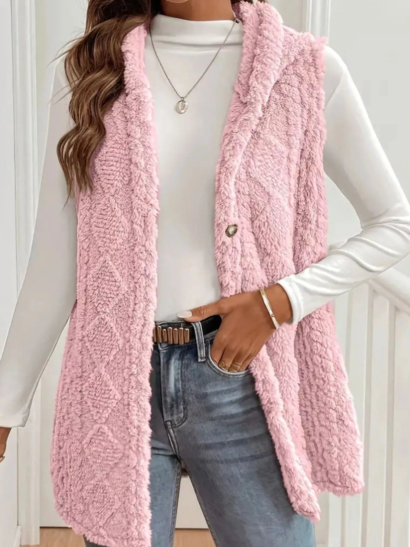 Sarah Express Women's Hooded Button-Up Sherpa Vest Coat