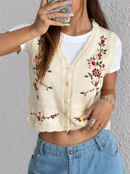 Sarah Express Women's Embroidered Button Up Sweater Vest