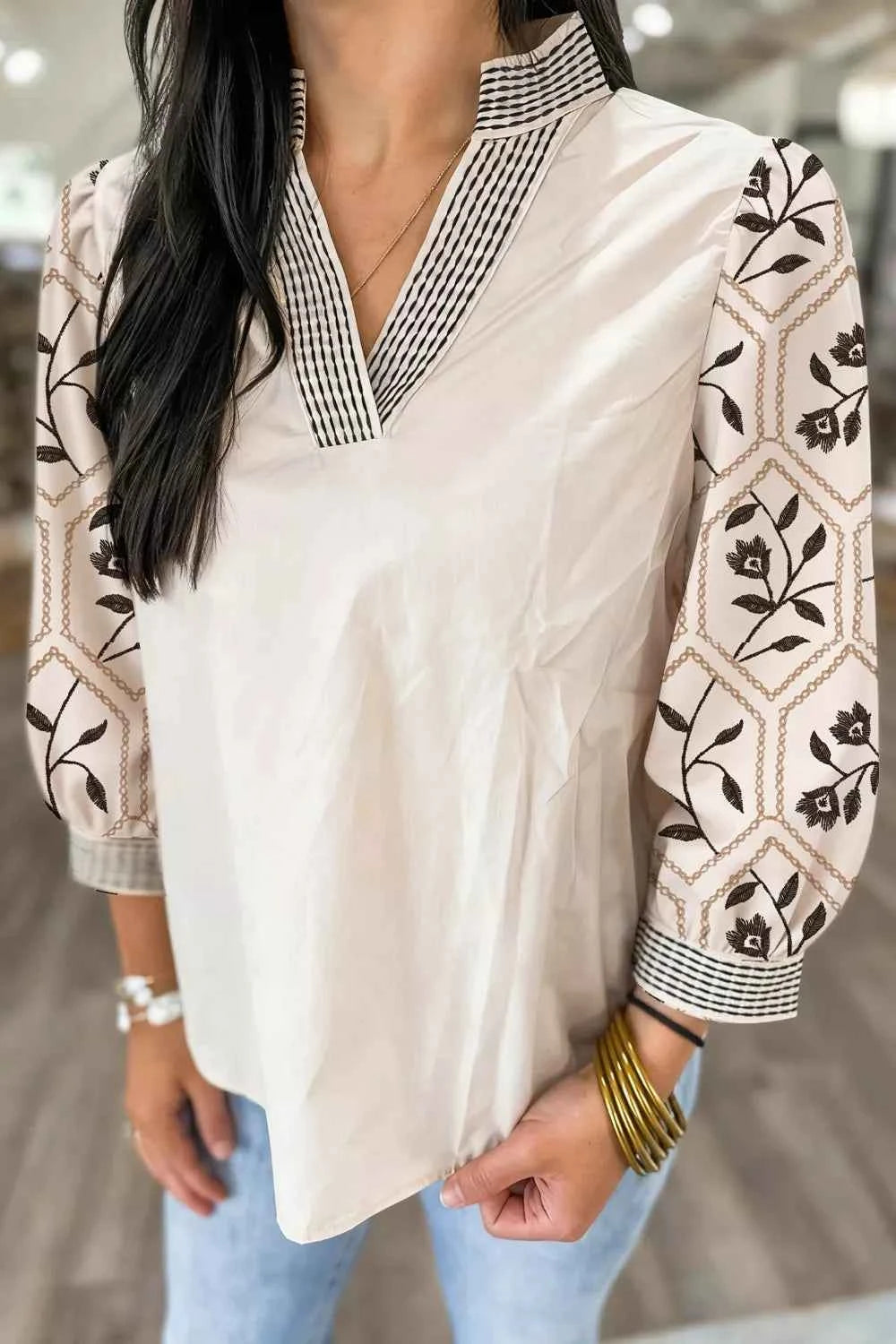 Sarah Express Women's Embroidered Floral Sleeve Blouse - Notched Collar Cotton Top Beige