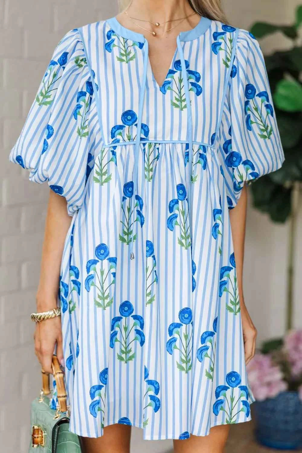 Sarah Express Women's Striped Floral Puff Sleeve Mini Dress