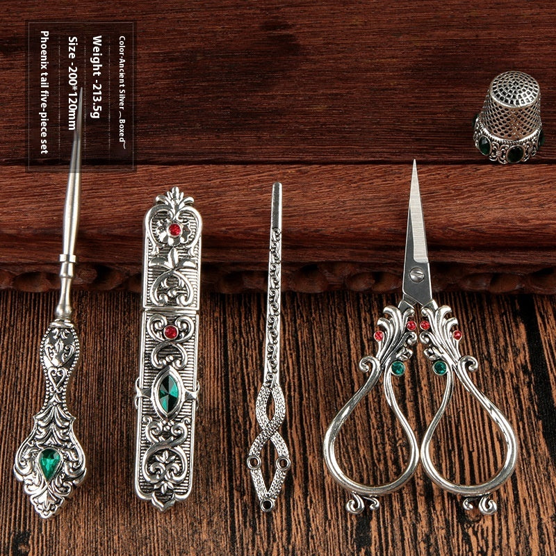 Sarah Express Luxury Phoenix Tail Scissors 5-Piece Set - Stainless Steel Embroidered Craft Scissors Silver