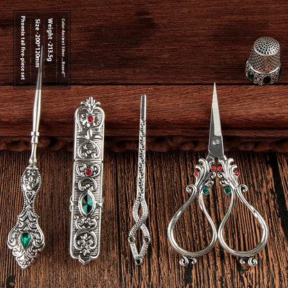 Sarah Express Luxury Phoenix Tail Scissors 5-Piece Set - Stainless Steel Embroidered Craft Scissors Silver