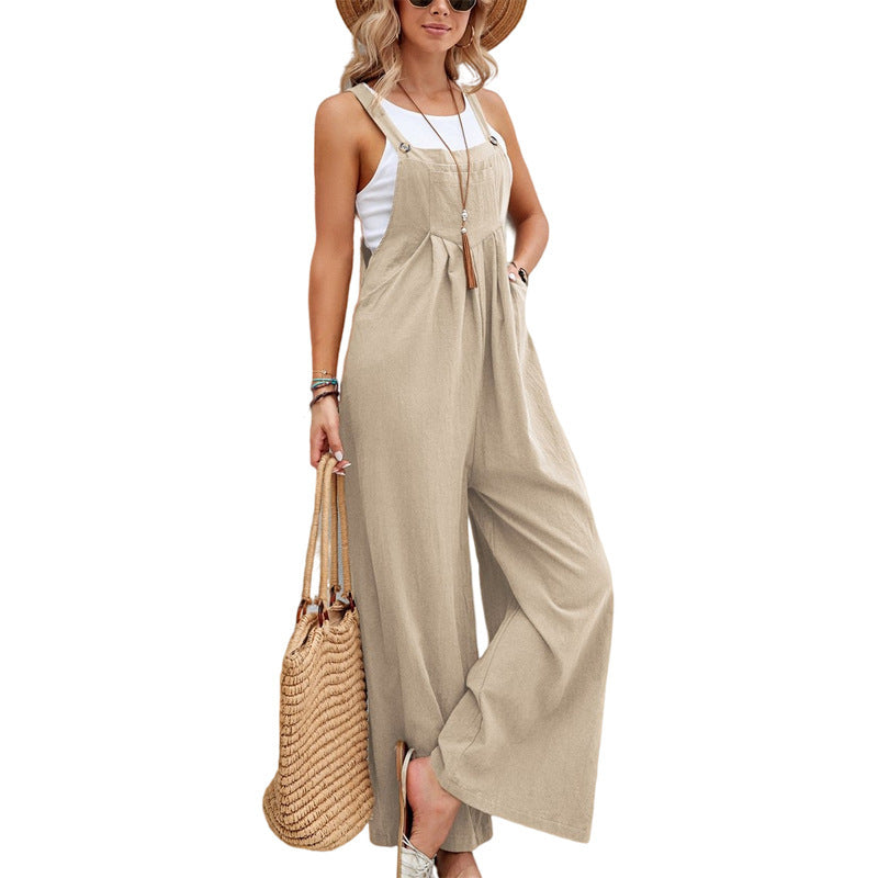 Sarah Express Women's Solid Color Cotton Suspender Trousers Casual Overall Straight Leg Mid Waist with Pockets