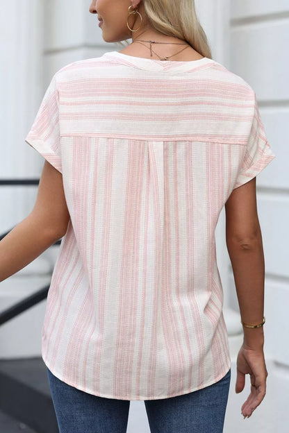 Sarah Express Women's Striped Button Detail Short Sleeve Blouse - Casual Cotton Blend Top