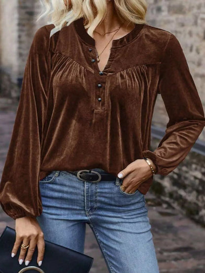 Sarah Express Women's Velvet Balloon Sleeve Blouse Brown