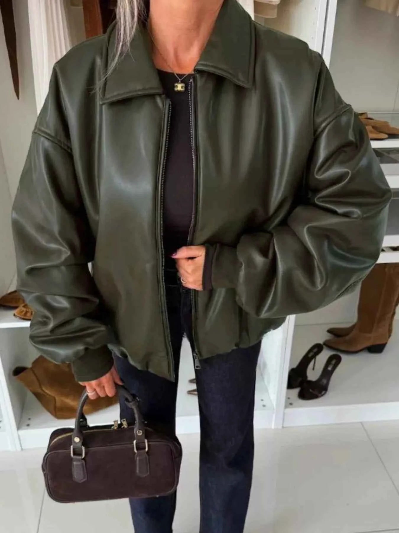 Sarah Express Women's Zip Up Dropped Shoulder Jacket - Pocketed Lightweight Outerwear Olive Green