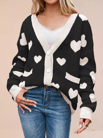 Sarah Express Women's Heart Pattern Button-Up Knit Cardigan