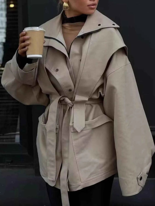 Sarah Express Women's Tie Waist Snap Down Trench Coat - Buttoned Pocketed Outerwear