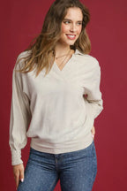 Sarah Express women’s long sleeve linen-cotton blend blouse with a comfortable elastic hem.

