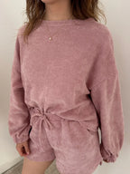 Sarah Express Women's Round Neck Dropped Shoulder Top and Drawstring Shorts Set Dusty Pink