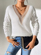 Sarah Express Women's V-Neck Hollow Knit Sweater - Openwork Design