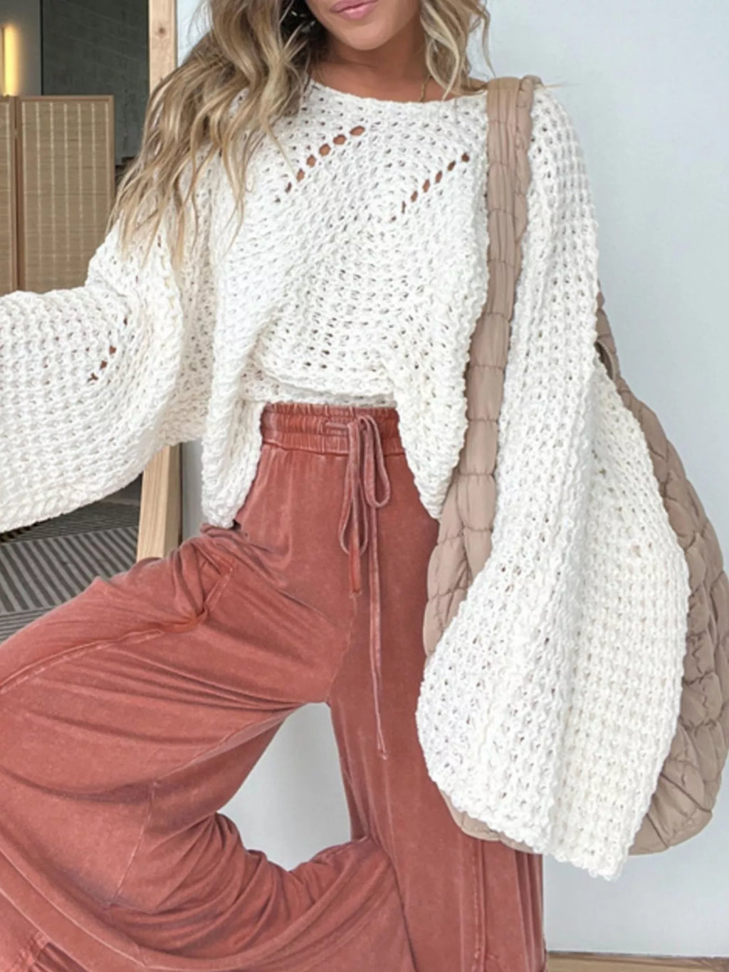 Sarah Express Women's Openwork Batwing Sleeve Sweater - Oversized Knit Top White