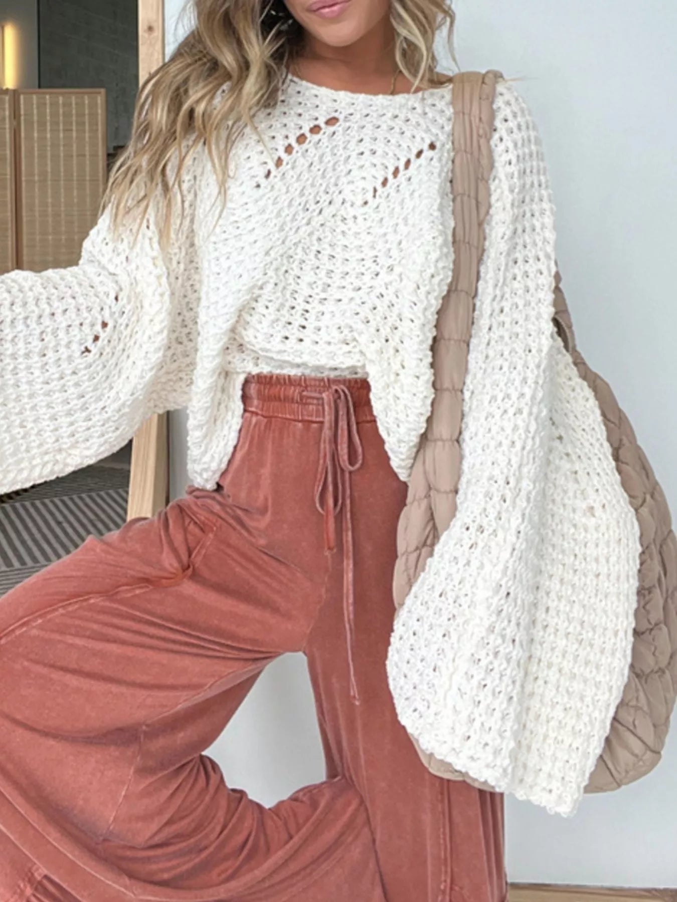 Sarah Express Women's Openwork Batwing Sleeve Sweater - Oversized Knit Top White