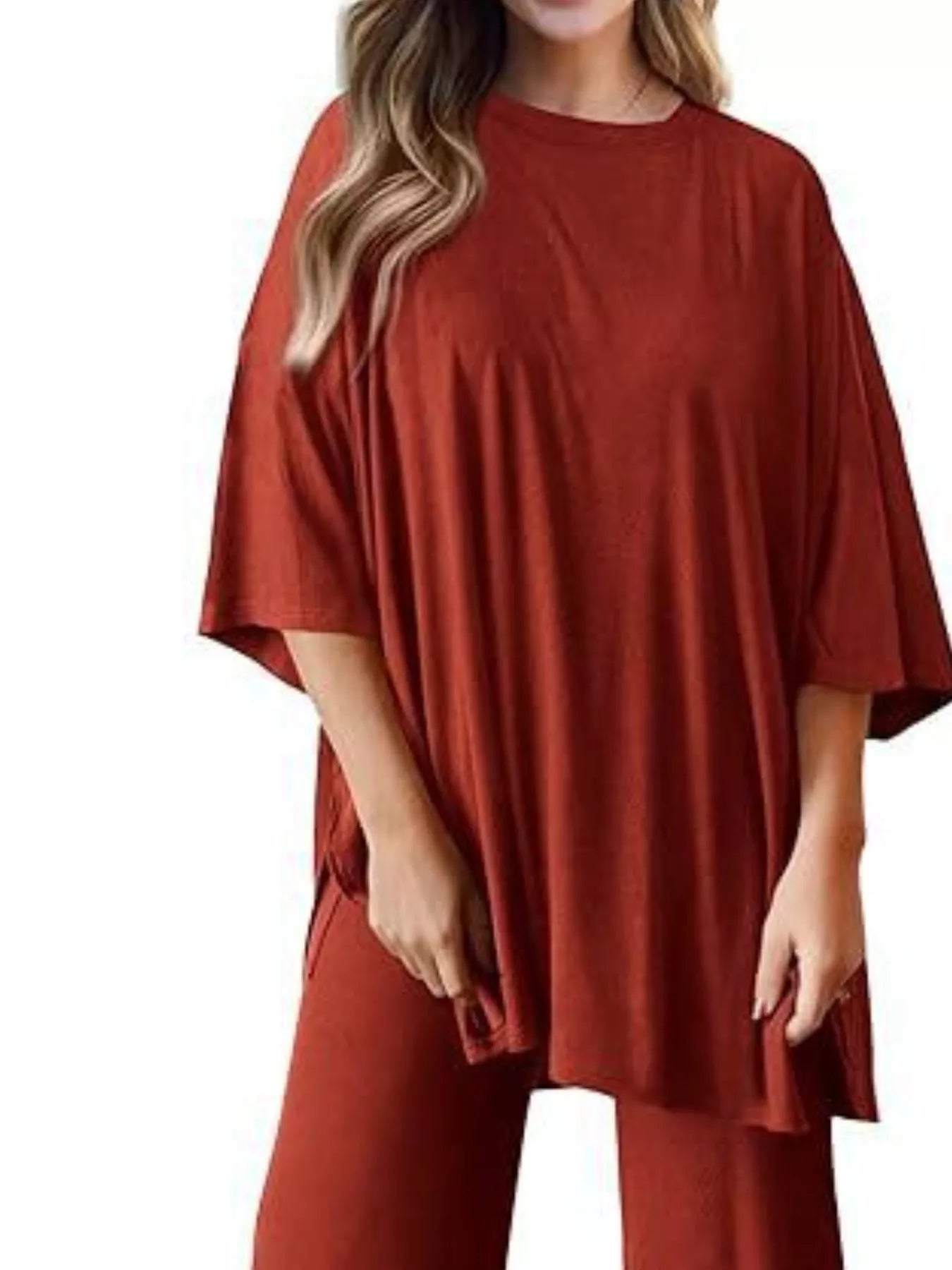 Sarah Express Women's Two Piece Slit Round Neck Top and Pants Set - Casual Loungewear Outfit