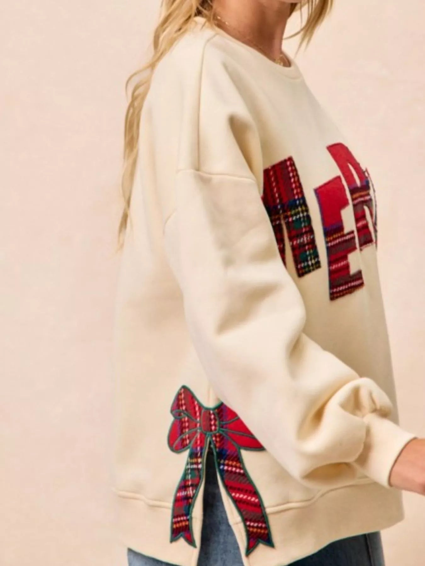 Sarah Express Women's MERRY Bow Slit Crew Neck Christmas Sweatshirt