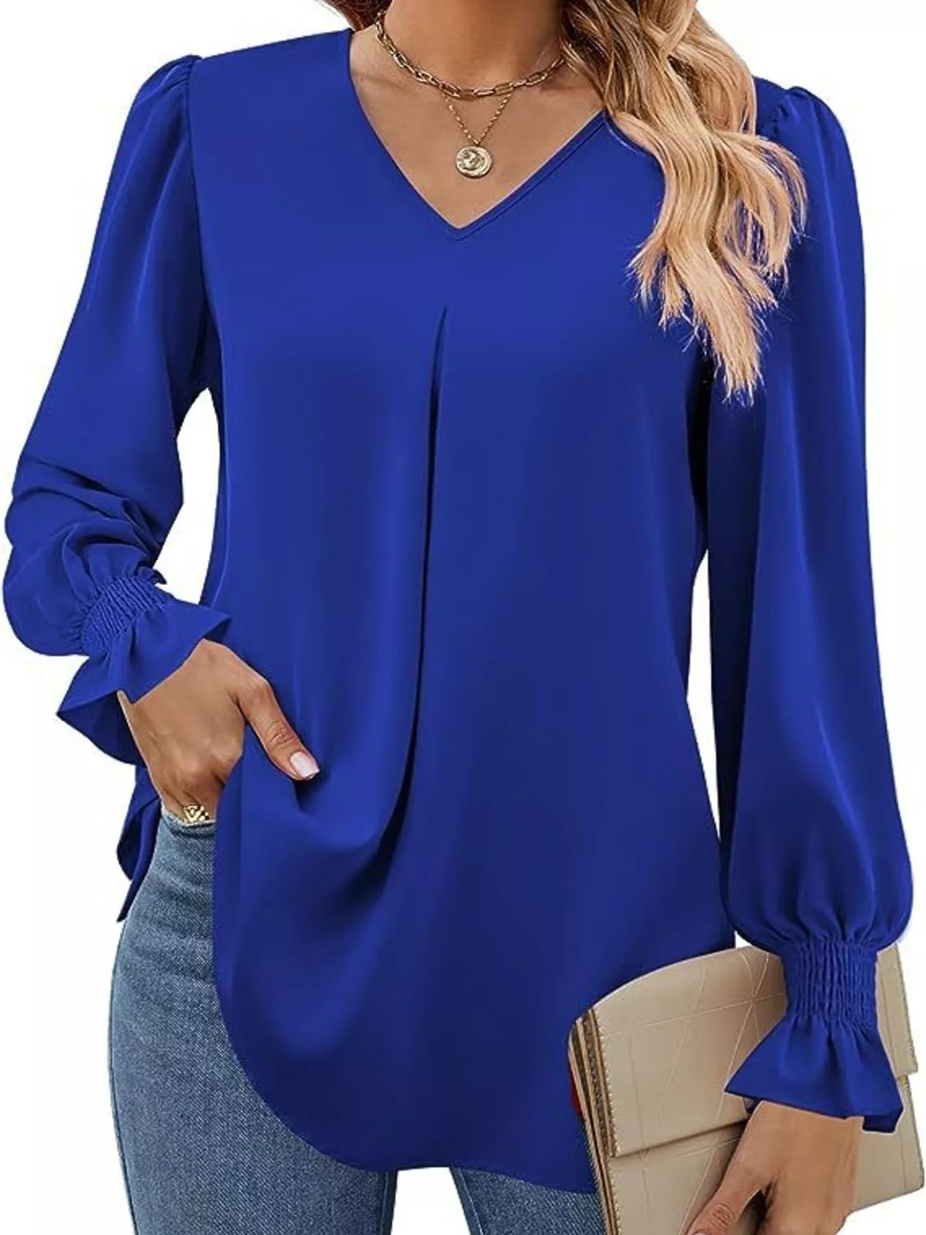 Sarah Express Women's V-Neck Long Sleeve Ruffle Cuff Blouse