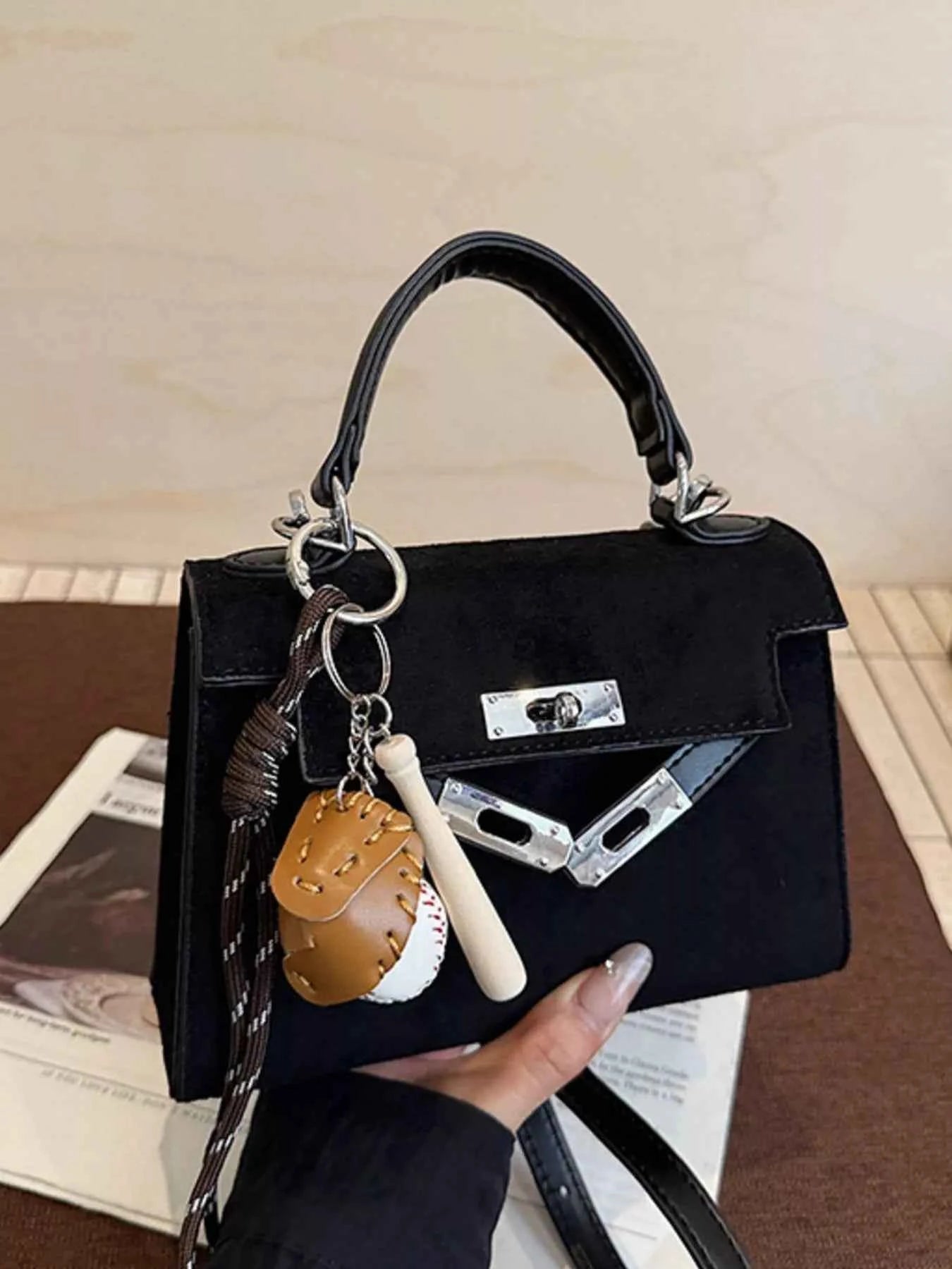 Sarah Express Women's Mini Crossbody Bag with Baseball Charm - Suede Shoulder Bag Black ONESIZE