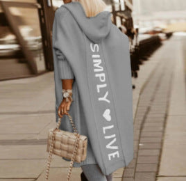 Sarah Express Women's Letter Print Hooded Long Cardigan Oversized Knit