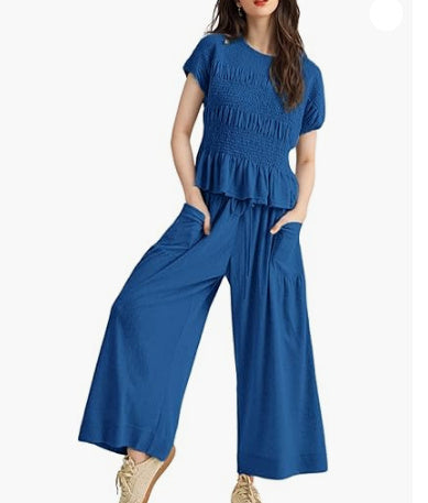 Sarah Express Pleated Top Wide Leg Pants 2-Piece Matching Set