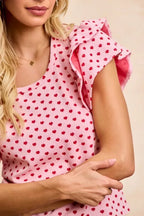 Sarah Express Women's Heart Patterned Knit Ruffled Sleeves Top