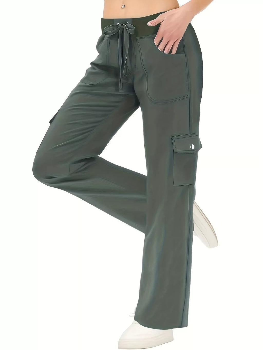 Sarah Express Women's Relaxed Fit Active Pants with Drawstring Waist Army Green