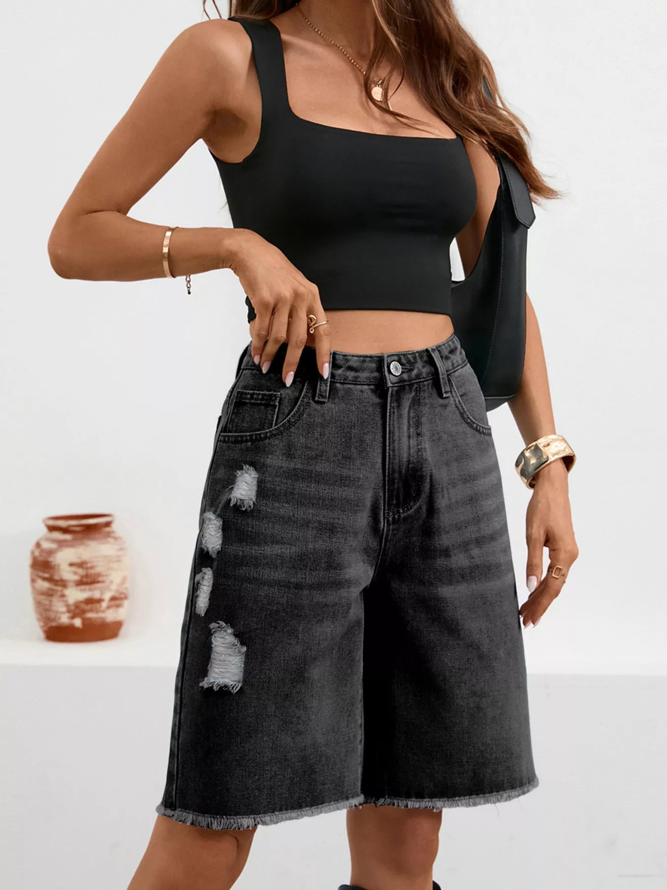 Sarah Express Women's Ripped Frayed Hem Denim Shorts