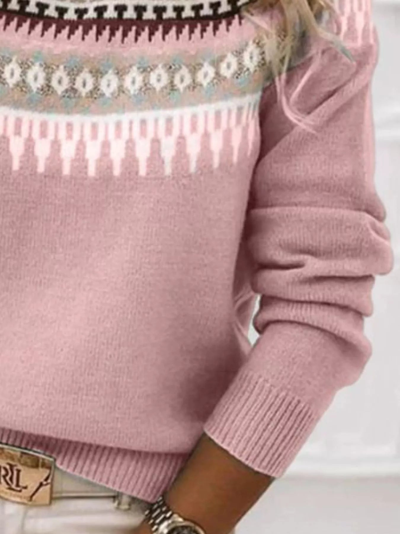 Sarah Express Women's Vintage Patterned Round Neck Sweater Plus Size